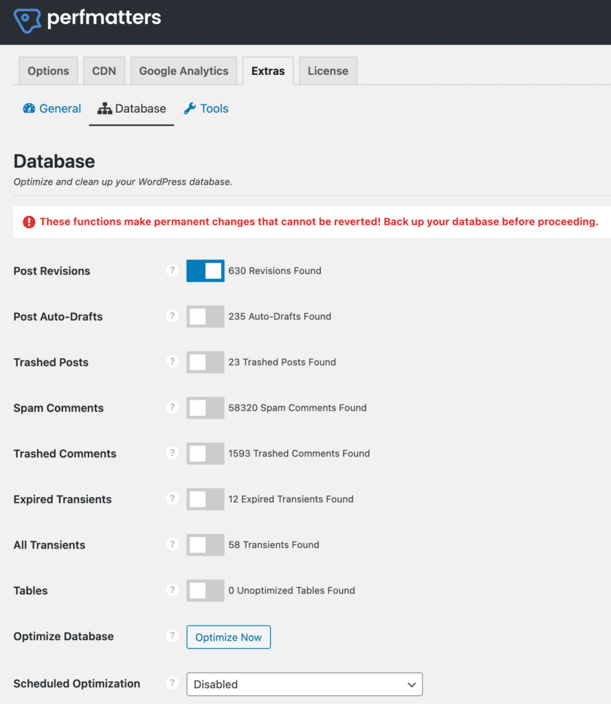 WordPress database optimization with Perfmatters