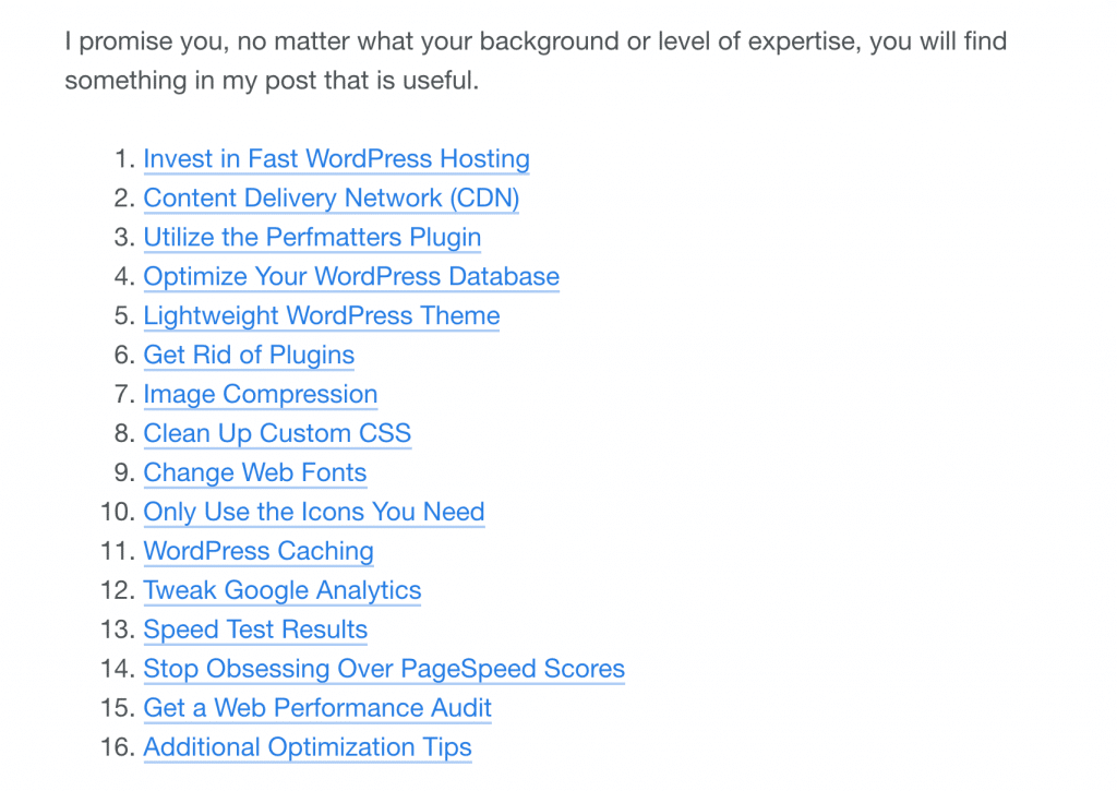 Table of contents in blog post