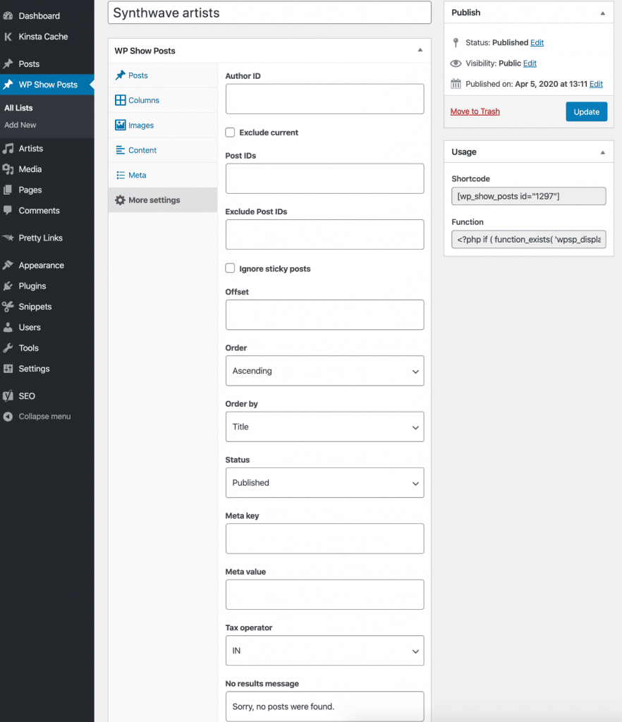 WP Show Posts settings