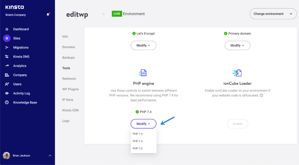 Change PHP version in MyKinsta