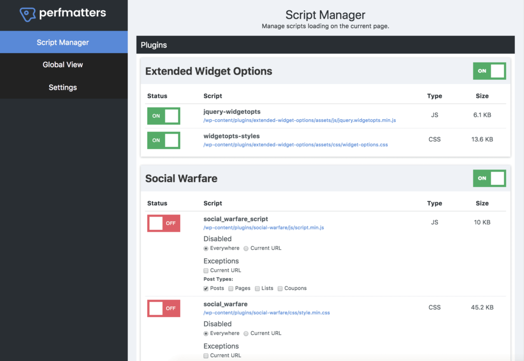 Perfmatters Script Manager