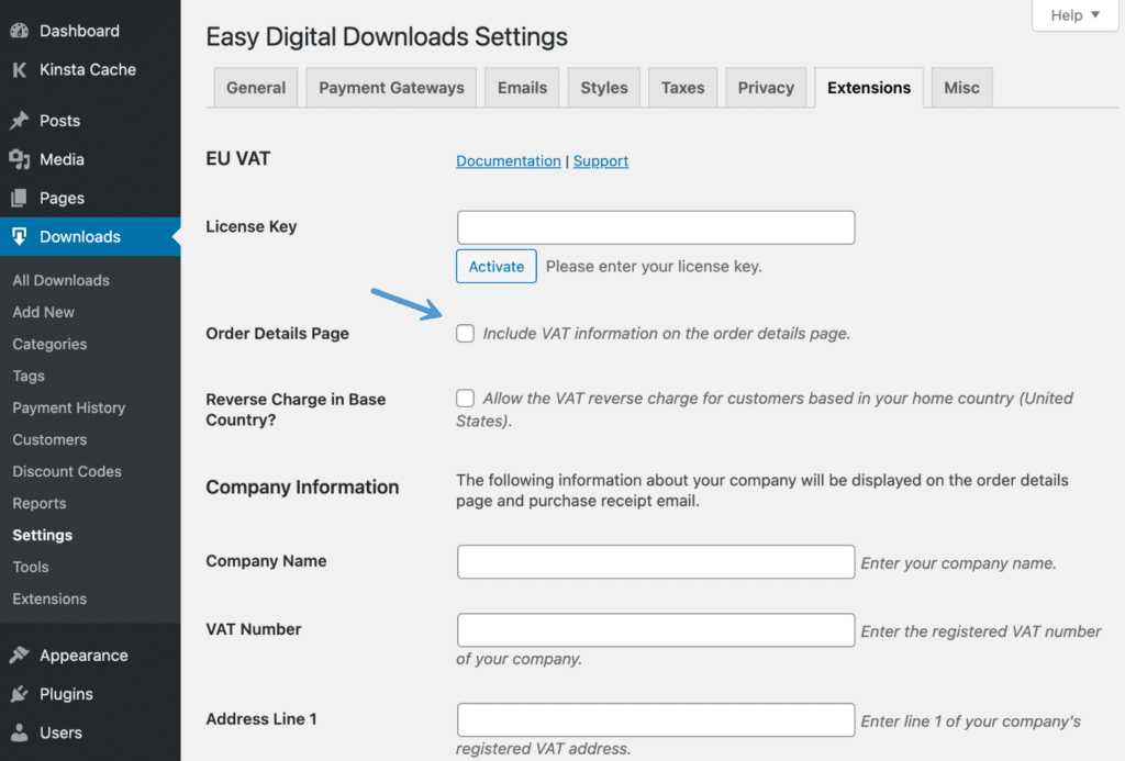 EDD EU VAT settings