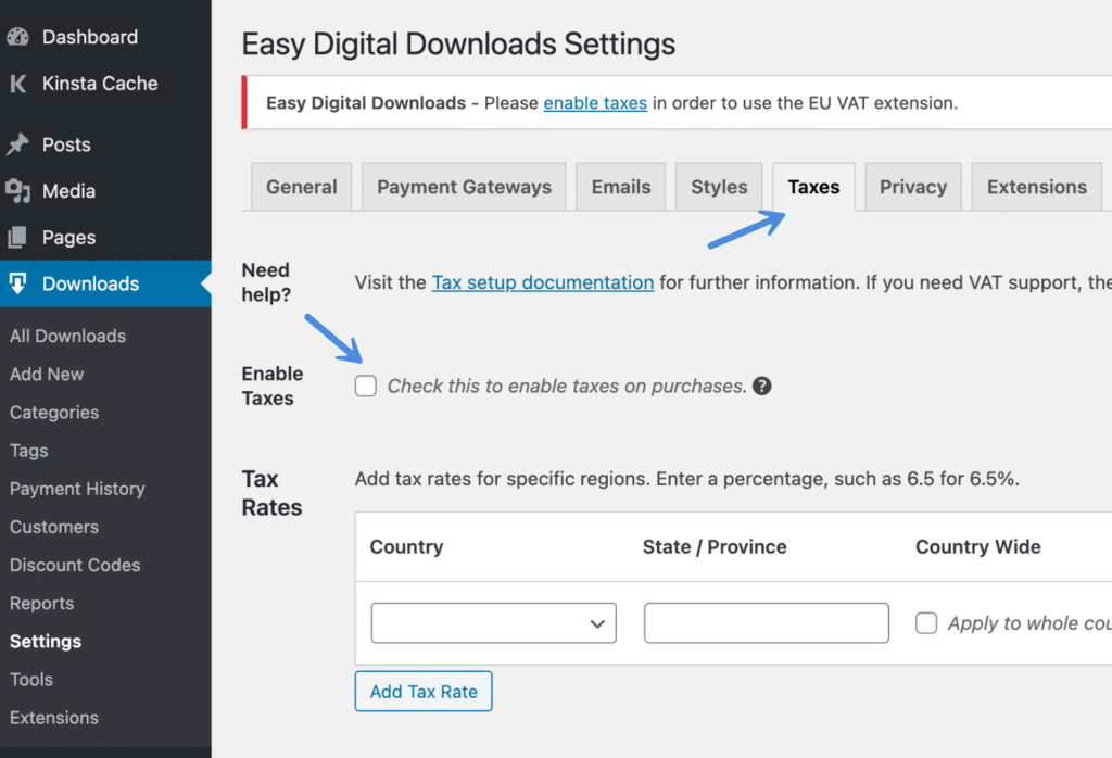 Enable taxes in Easy Digital Downloads