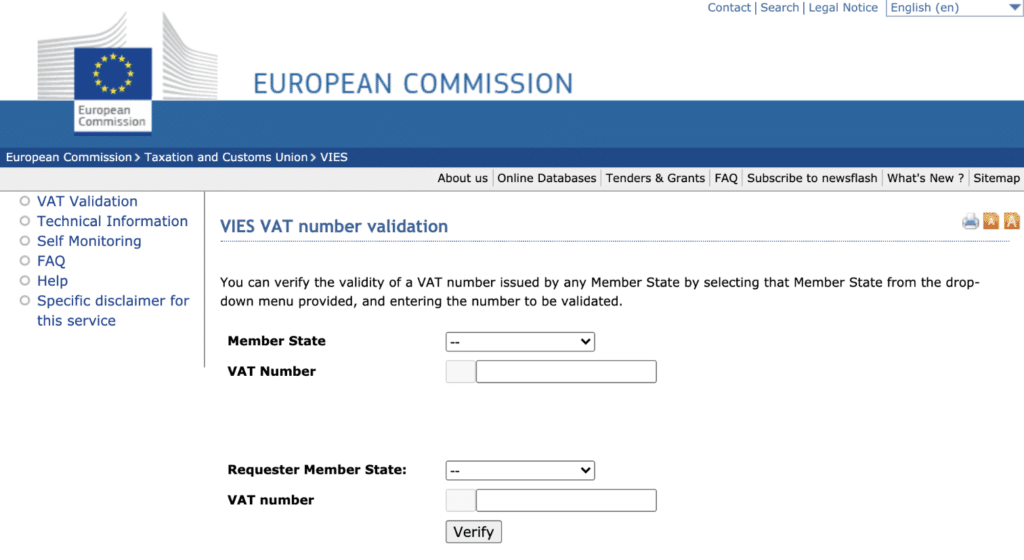 Validate VAT number on European Commission website