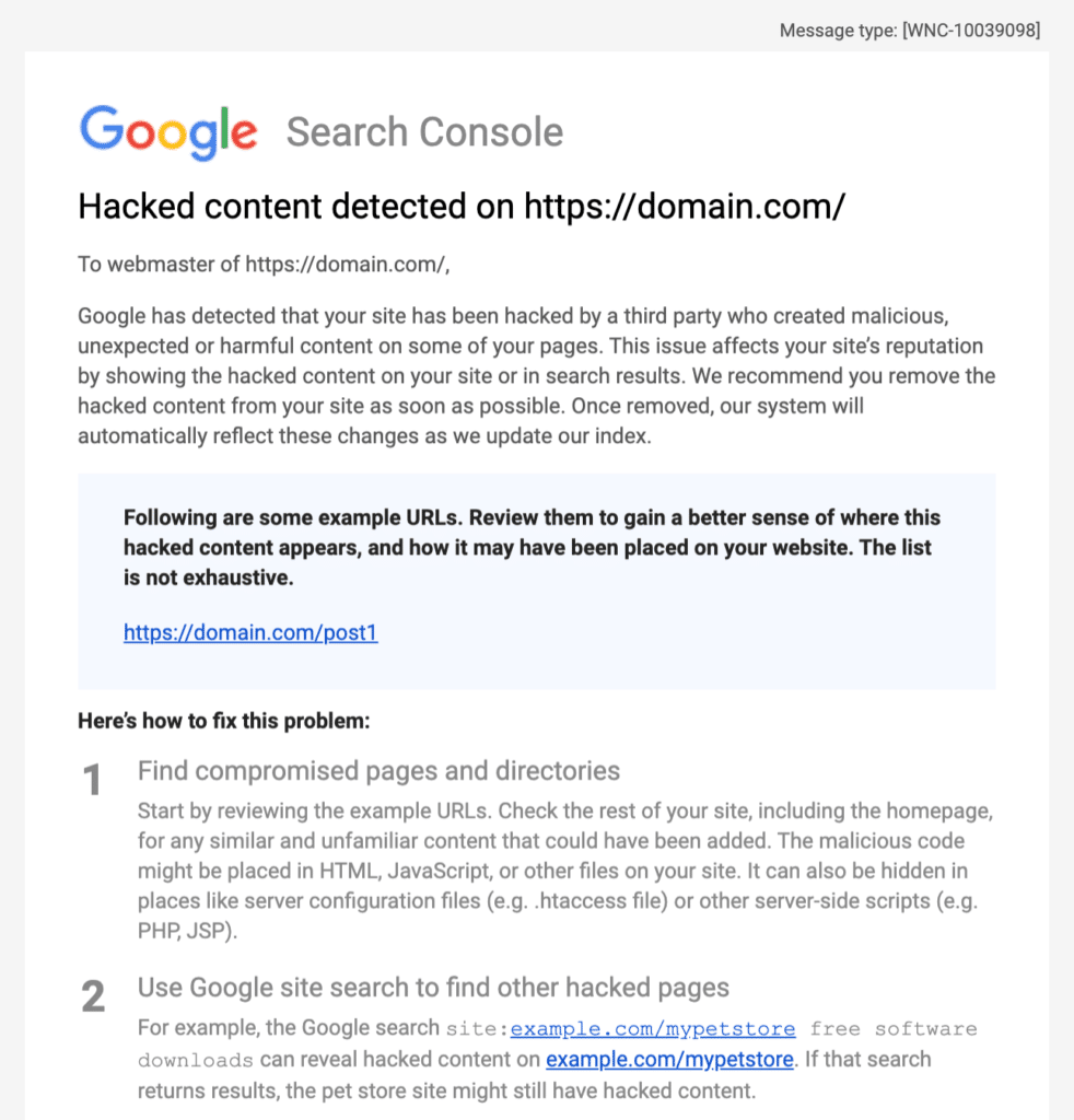 Google Search Console hacked content