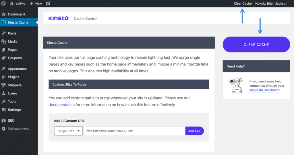 Kinsta cache control in WordPress dashboard