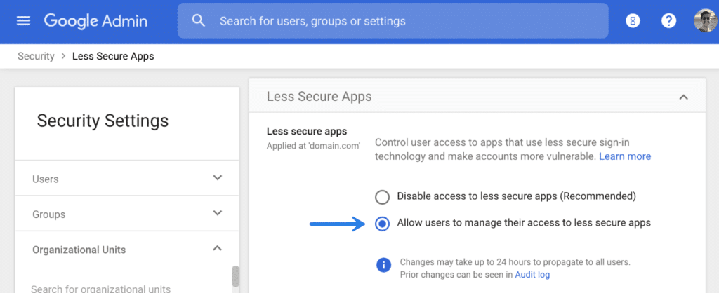 Allow less secure apps in G Suite