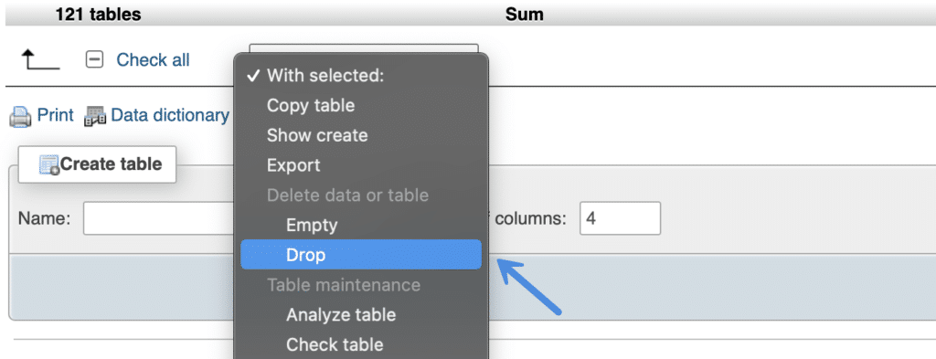 Drop database tables