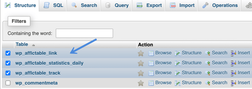 Select database tables in phpMyAdmin