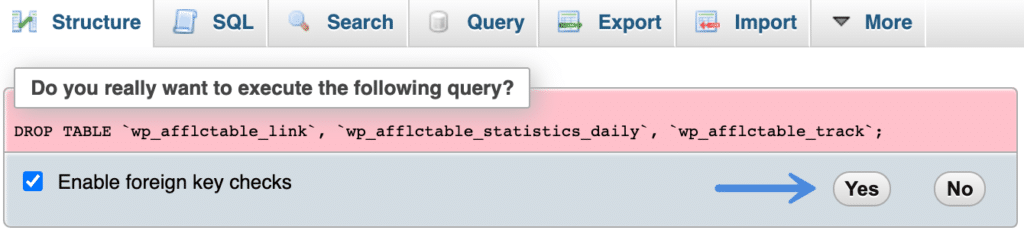 WordPress yes to drop tables