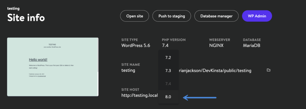DevKinsta change PHP version