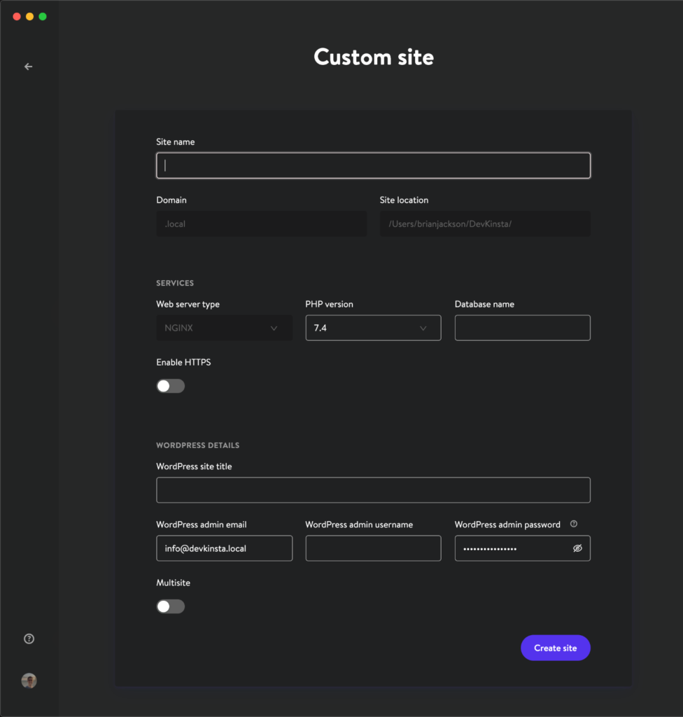 DevKinsta Custom site information