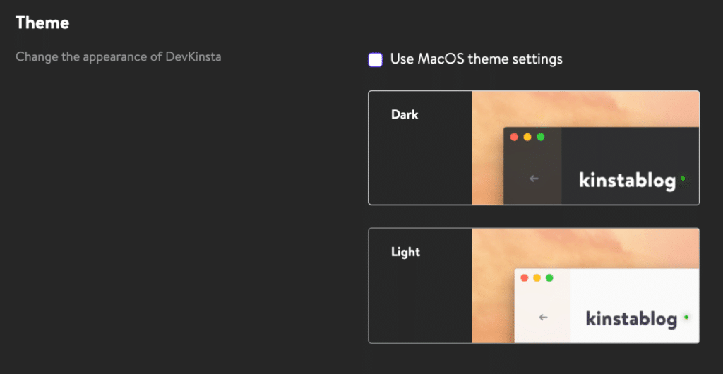 DevKinsta dark and light theme