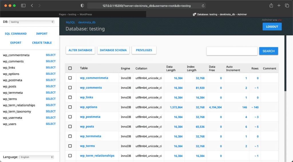 DevKinsta database manager is powered by Adminer