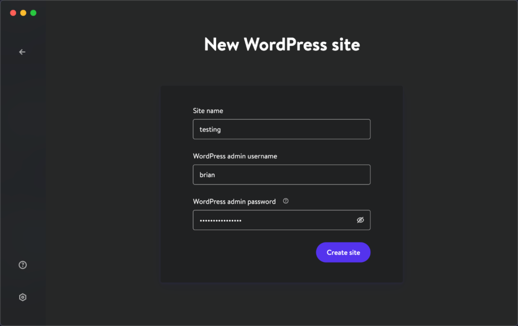 DevKinsta new WordPress site credentials