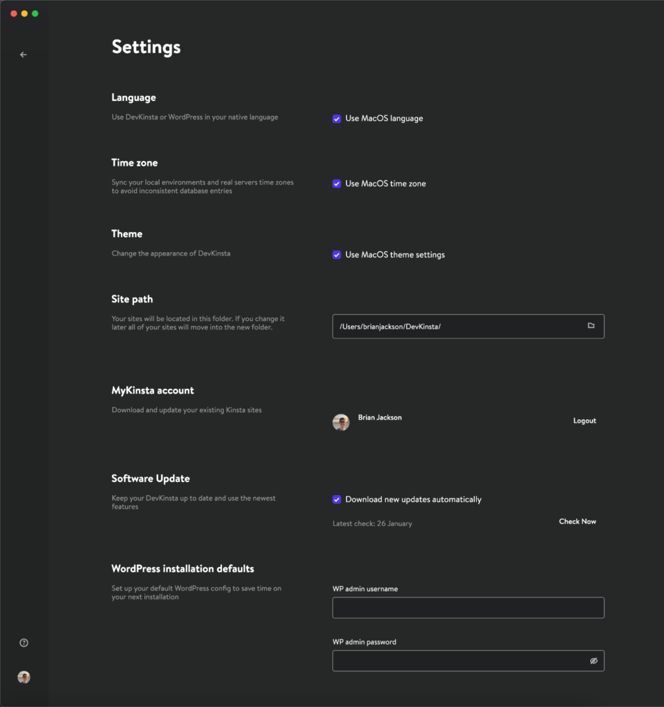 DevKinsta Settings