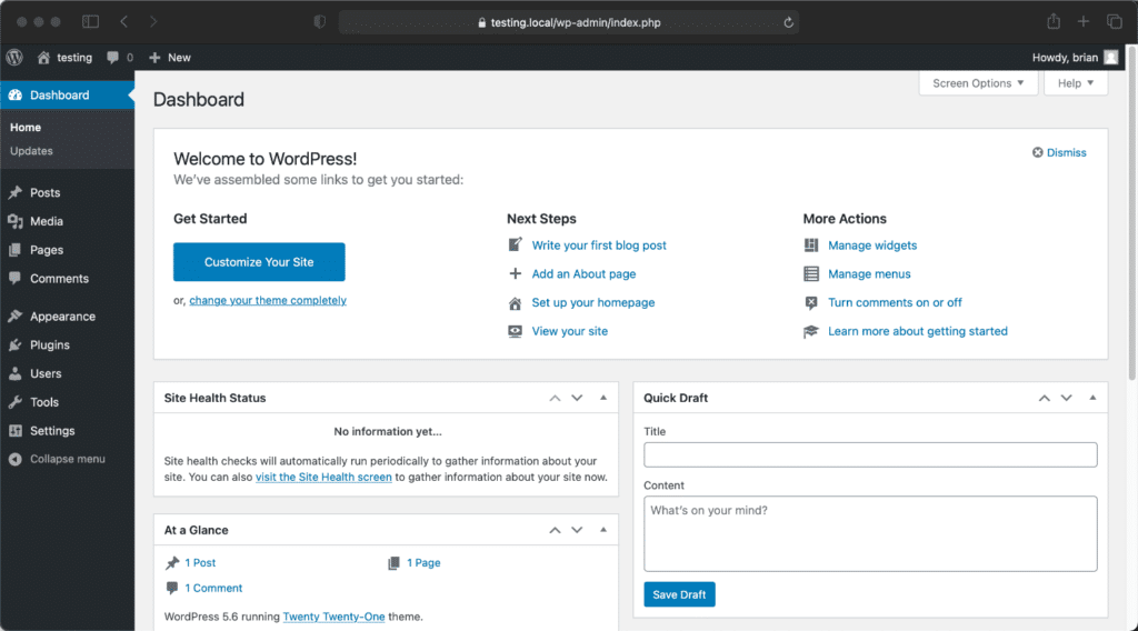 Local WordPress admin dashboard