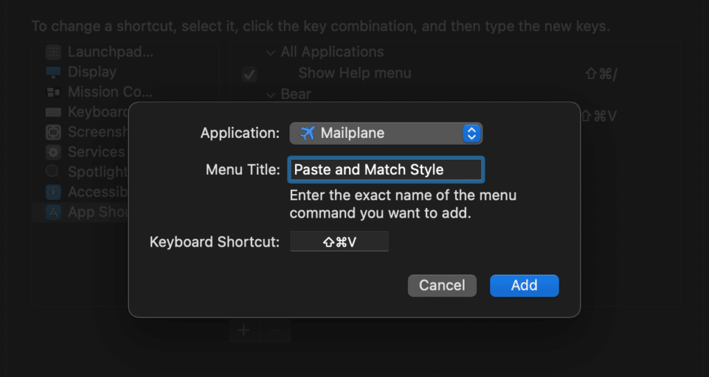 apple keyboard shortcuts paste and match format