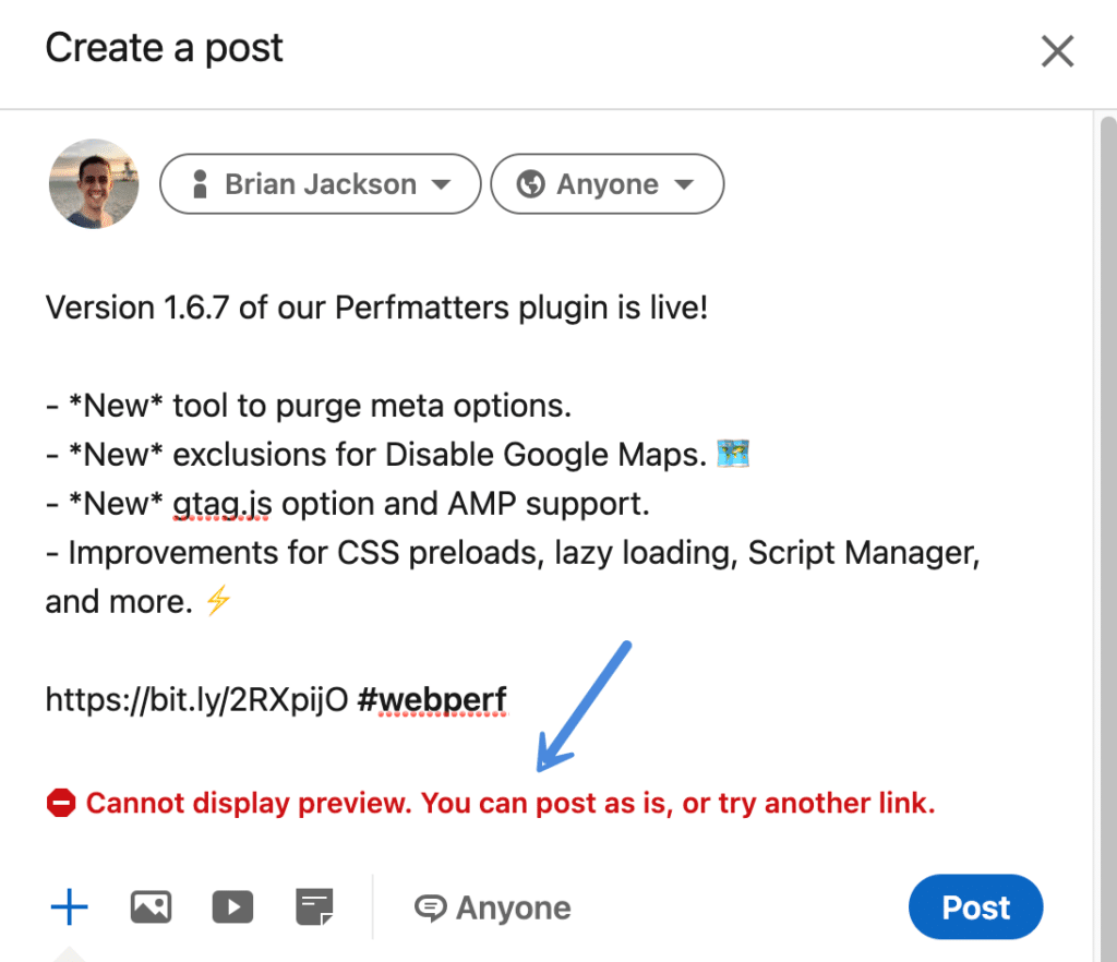 LinkedIn cannot display preview error