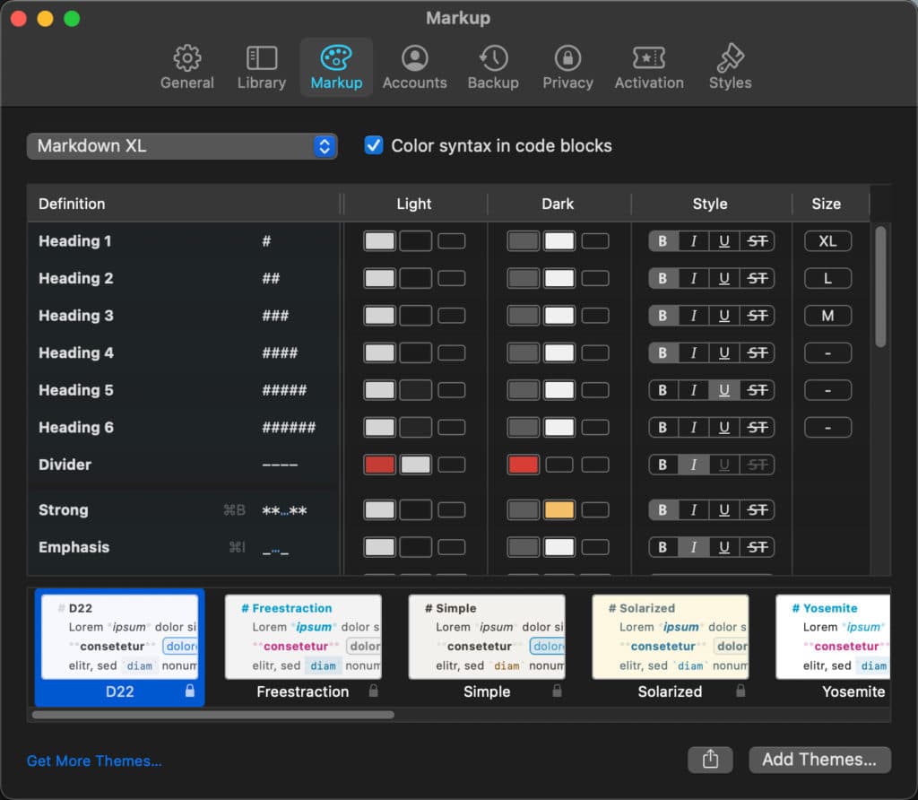 Ulysses theme and markup settings