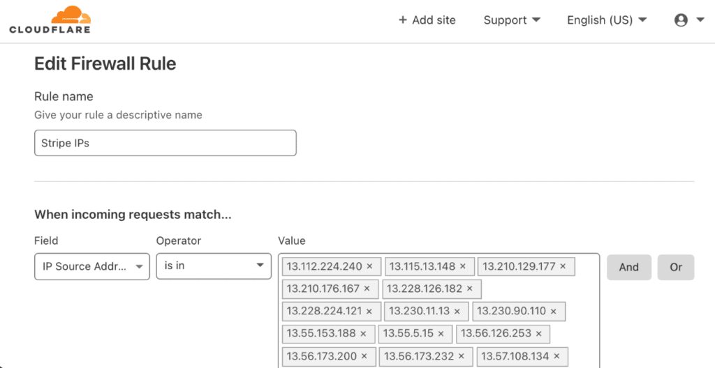 Cloudflare firewall rule for Stripe IPs