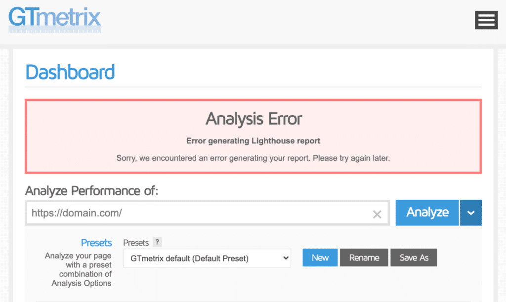 GTmetrix error generating lighthouse report