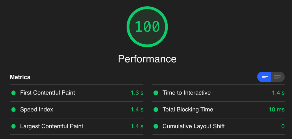 perfmatters.io Google Core Web Vitals score