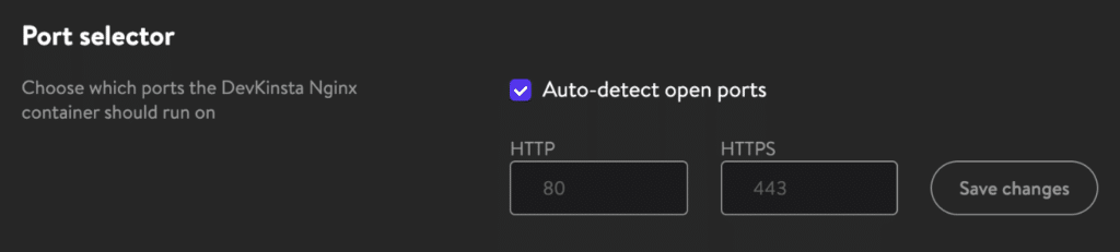 Port selector in DevKinsta