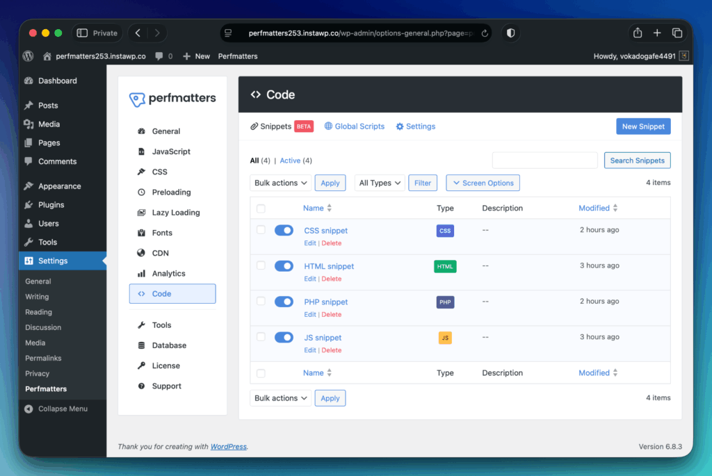 Perfmatters code snippets