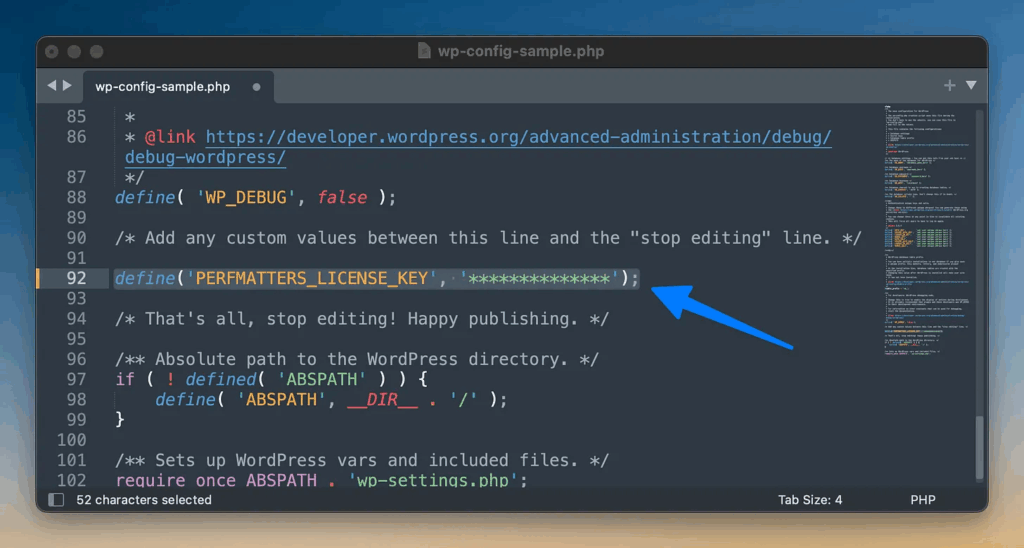License key constant in wp-config.php