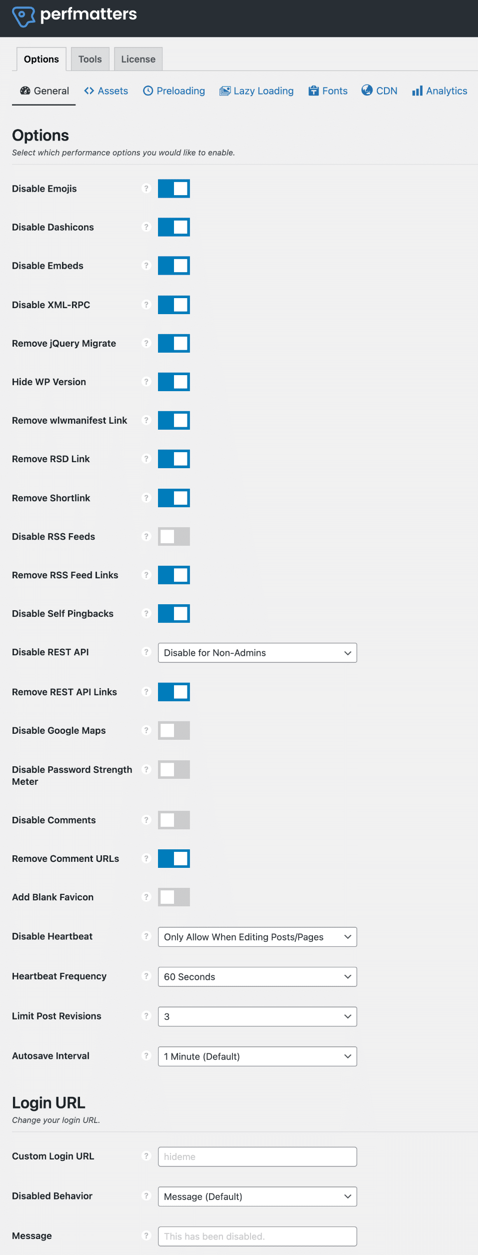 Perfmatters settings