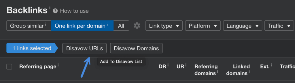 Ahrefs disavow URLs