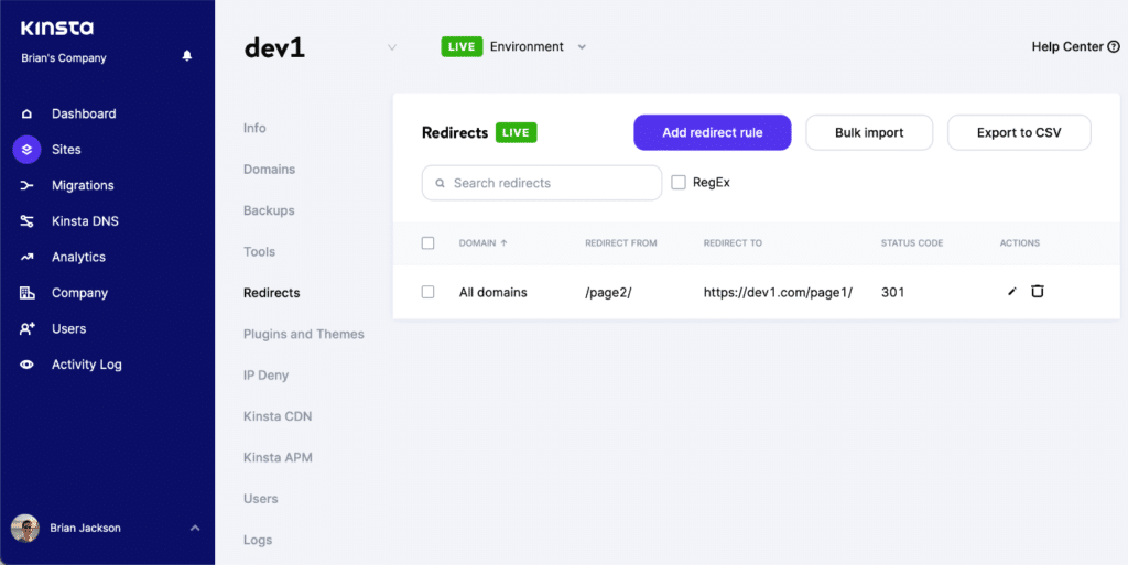 MyKinsta redirects