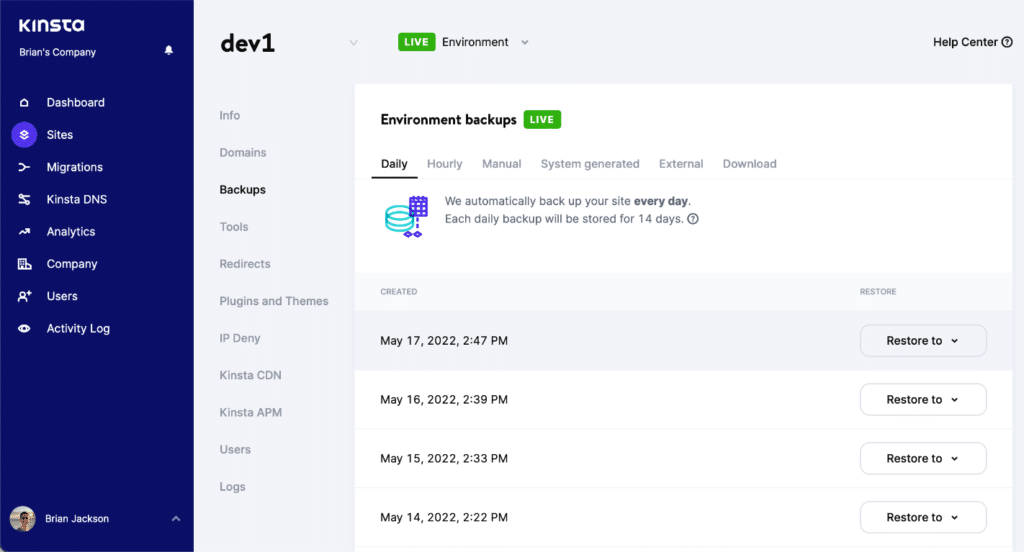 Kinsta automatic WordPress site backups
