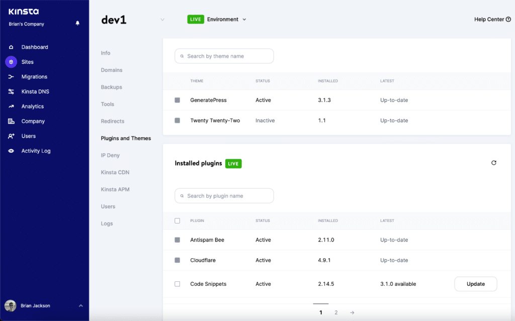 MyKinsta plugins and themes
