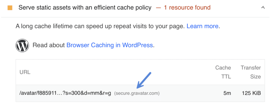 Cache policy warning from Gravatar in PageSpeed Insights