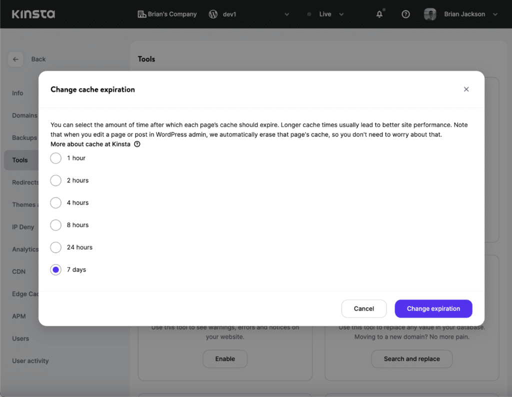 Change Kinsta cache expiration