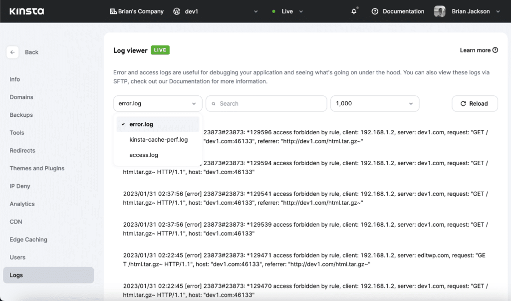 Kinsta logs