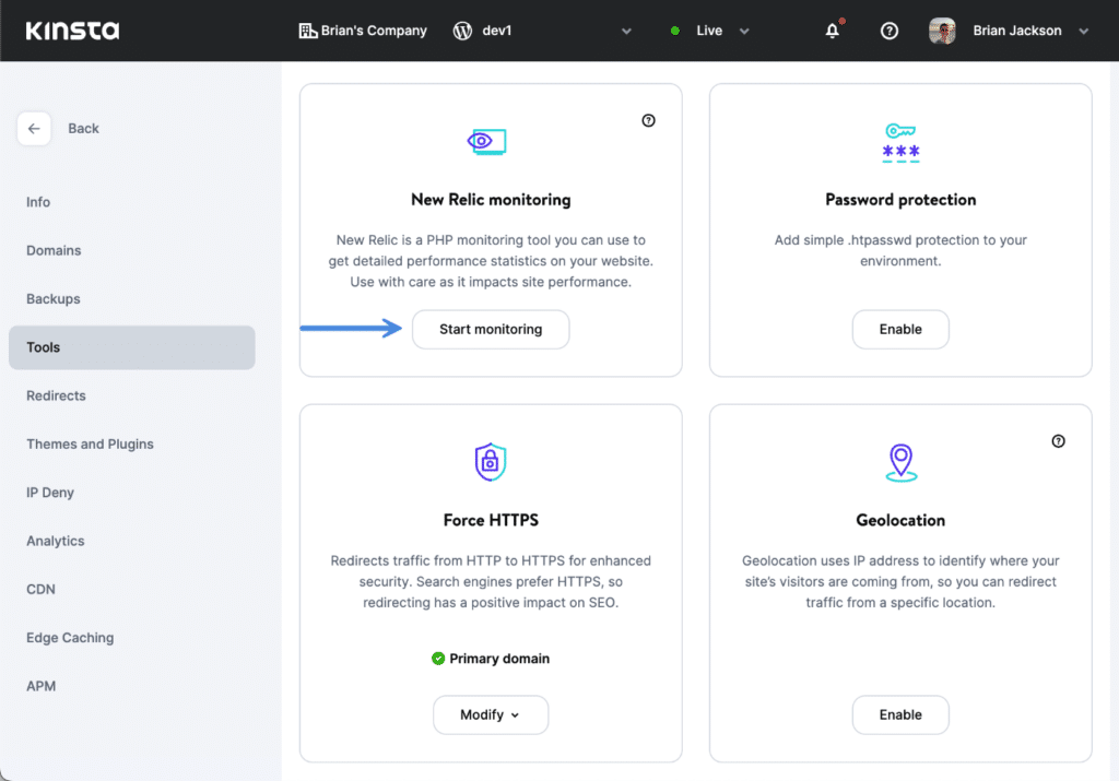 Kinsta New Relic monitoring