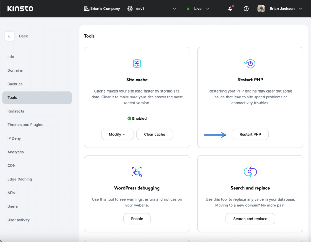 Kinsta restart PHP