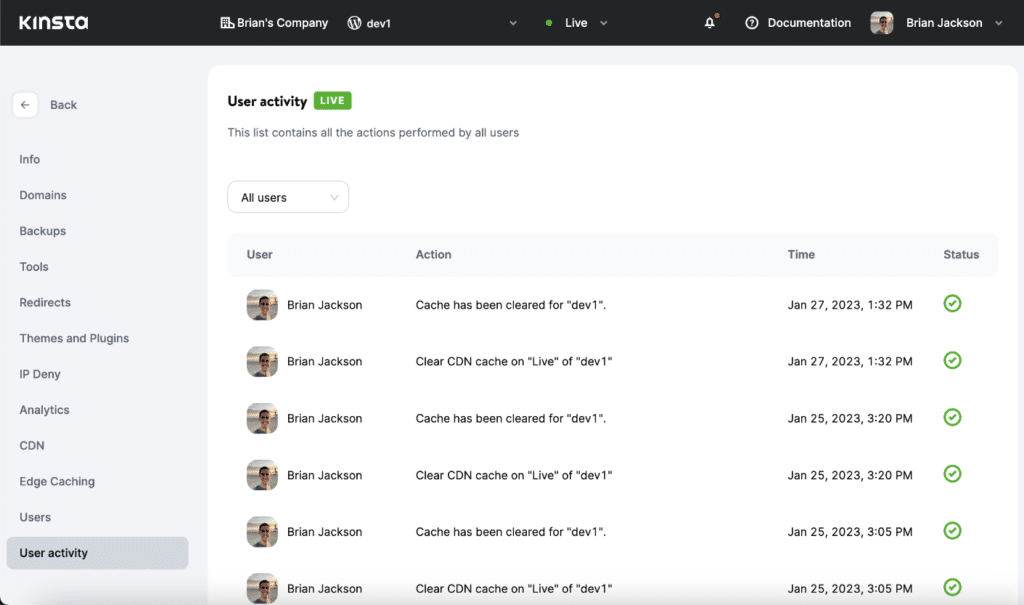 Kinsta user activity