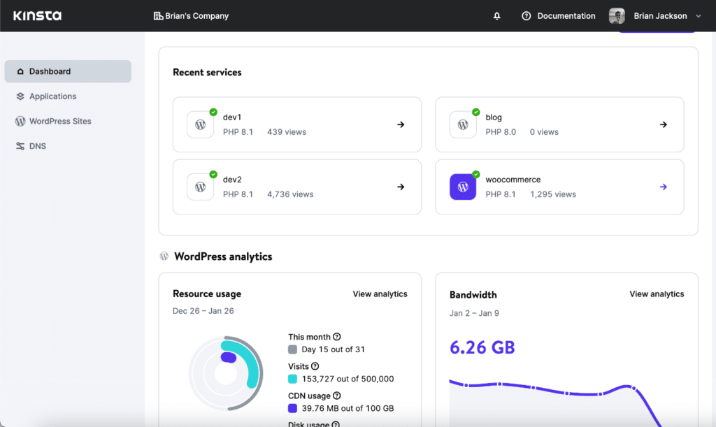 MyKinsta dashboard