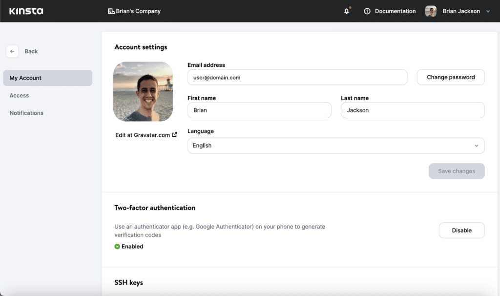 MyKinsta user settings