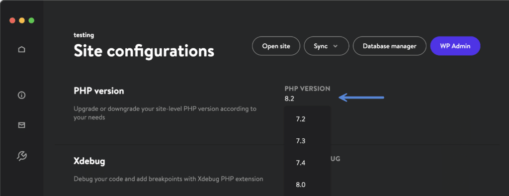 DevKinsta change PHP version