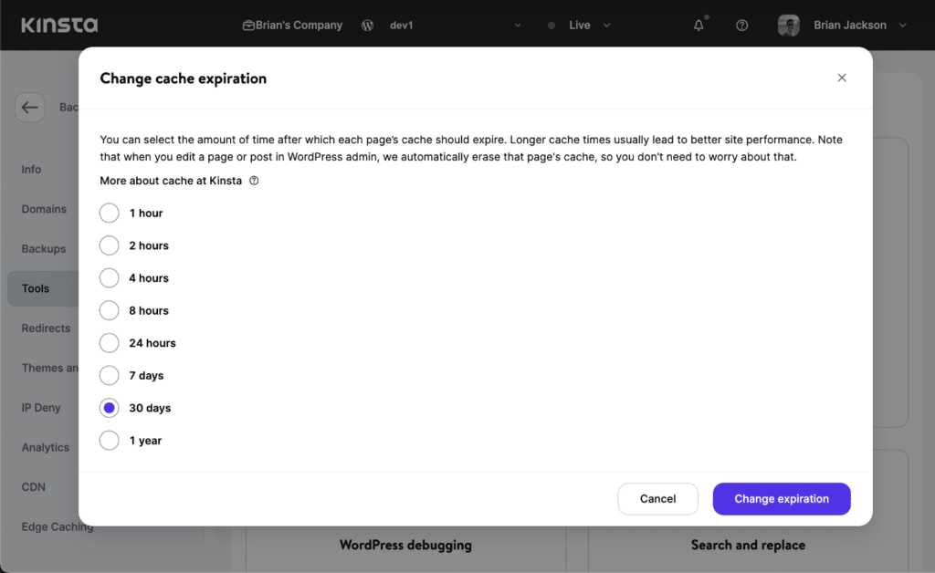 Change Kinsta cache expiration